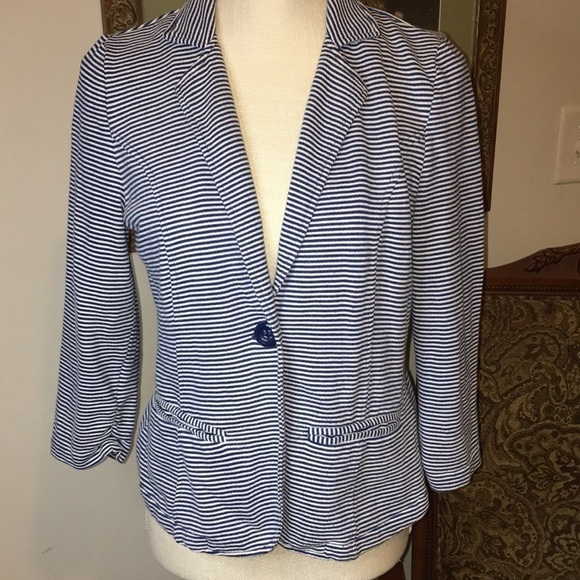 Tulle short waisted jacket size S blue and white stripe - Picture 1 of 10